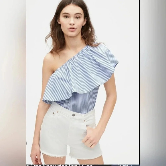 New GAP Womens One Shoulder Striped Ruffle Top Size‎ Small White Blue - Picture 1 of 9